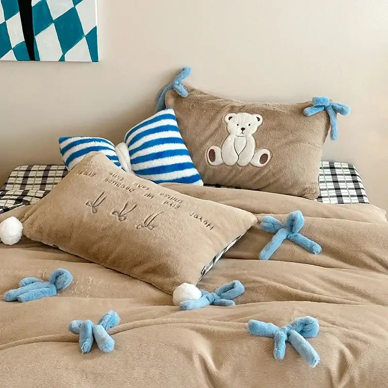Beige & blue embroidered velvet duvet bedding set bedroom bow decor