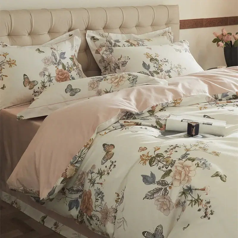 Beige & blush butterfly blooming flowers bedding set bedroom cotton