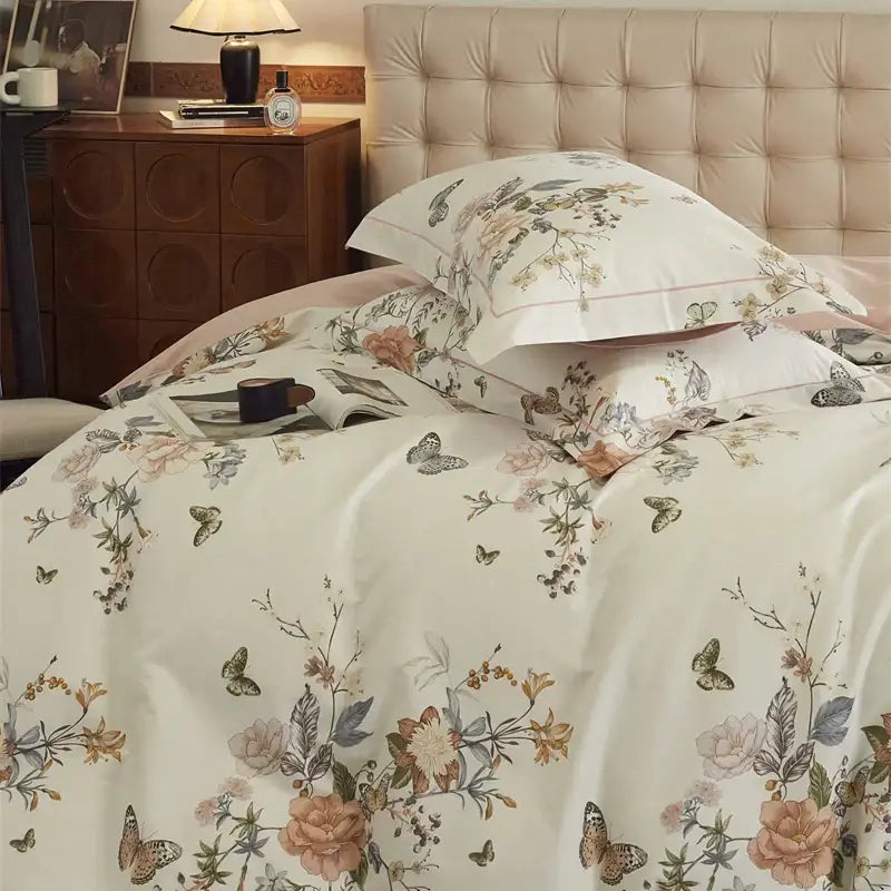 Beige & blush butterfly blooming flowers bedding set bedroom cotton