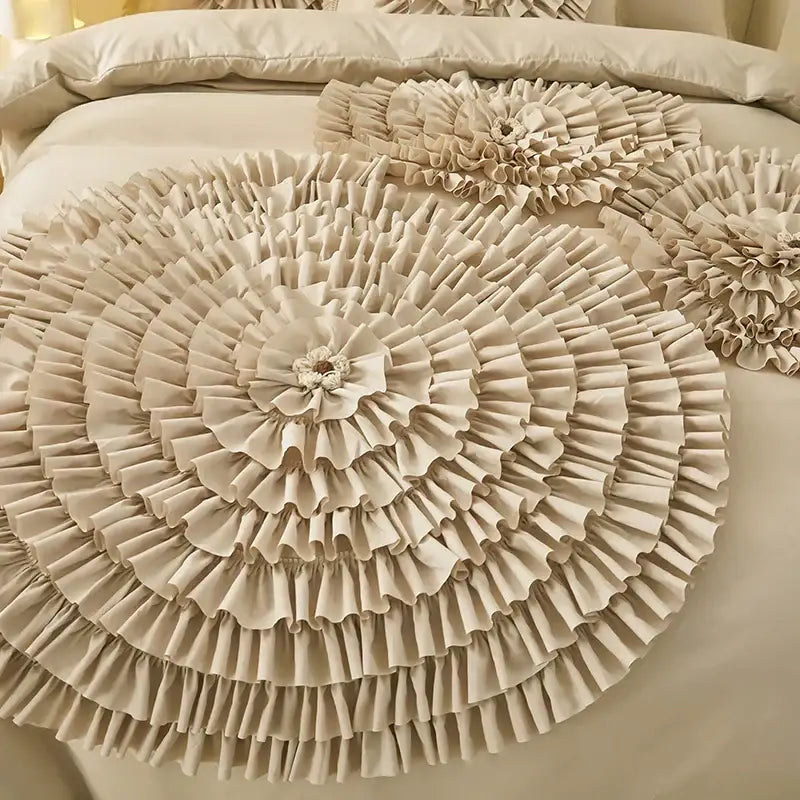 Beige brushed cotton flower embroidery bedding set bedroom ruffled decor