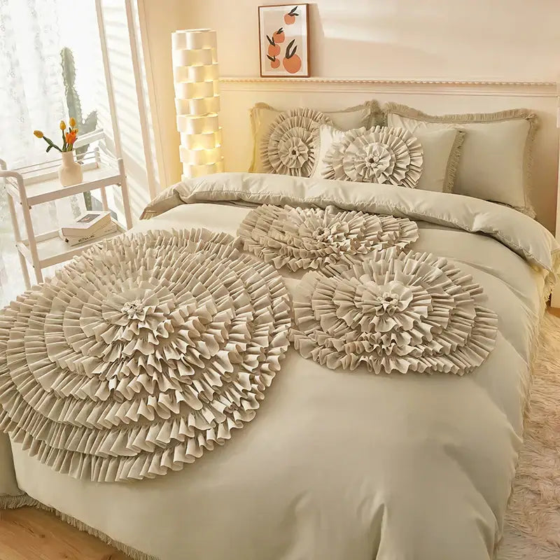 Beige brushed cotton flower embroidery bedding set bedroom ruffled decor