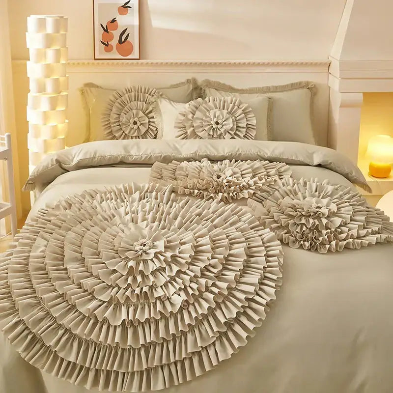 Beige brushed cotton flower embroidery bedding set bedroom ruffled decor