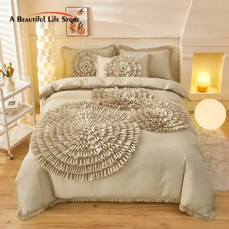 Beige brushed cotton flower embroidery bedding set bedroom ruffled decor