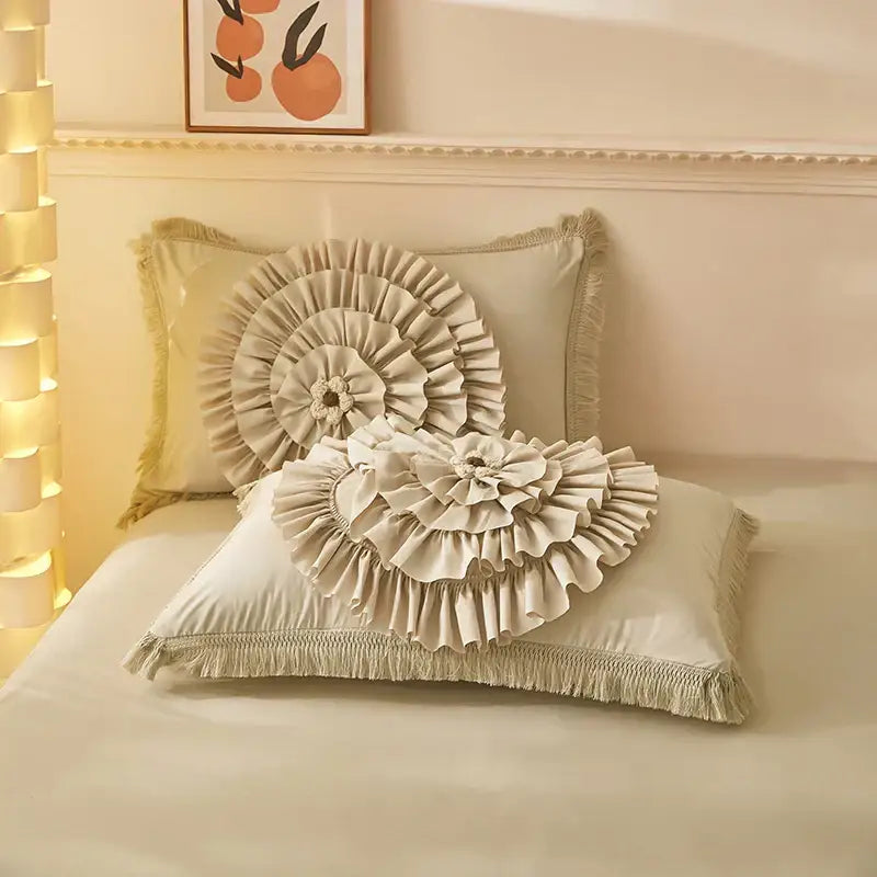 Beige brushed cotton flower embroidery bedding set bedroom ruffled decor