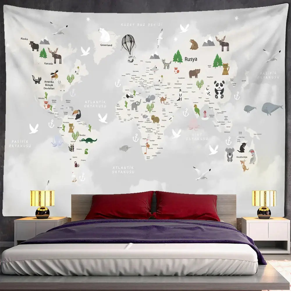 Beige cartoon animals map tapestry children's room wall decor