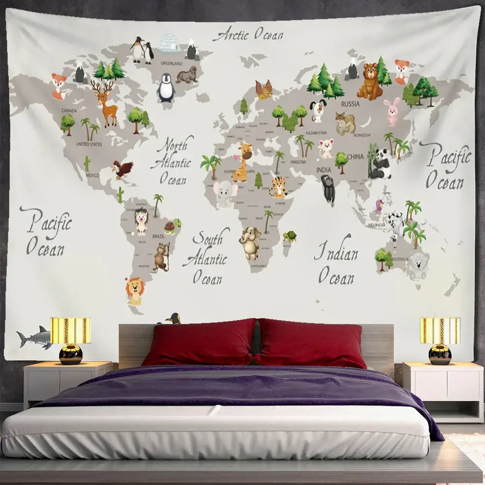 Beige cartoon animals map tapestry children's room wall decor