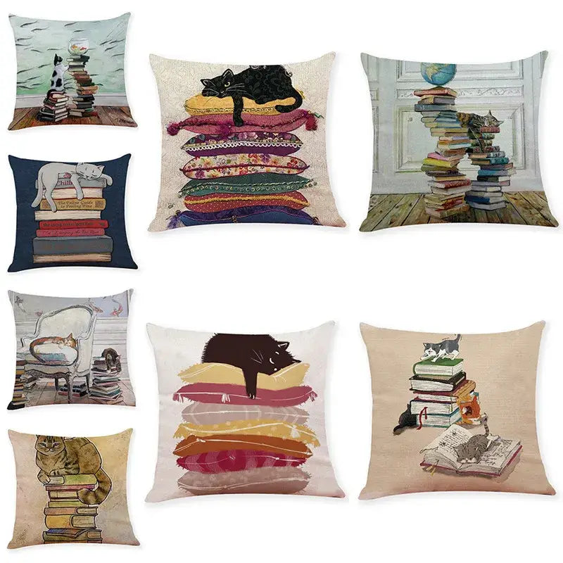 Beige cat and books cushion cover living room pillow case 45x45cm