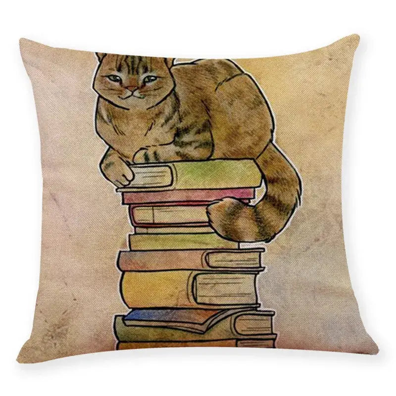 Beige cat and books cushion cover living room pillow case 45x45cm
