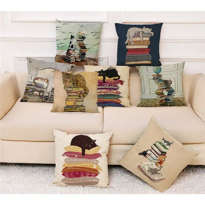 Beige cat and books cushion cover living room pillow case 45x45cm