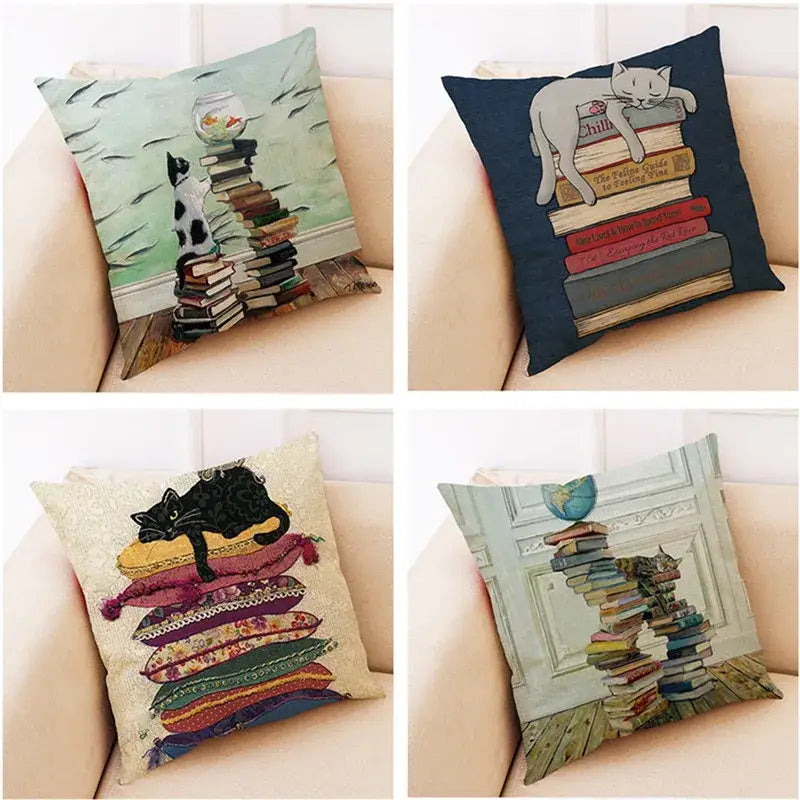 Beige cat and books cushion cover living room pillow case 45x45cm