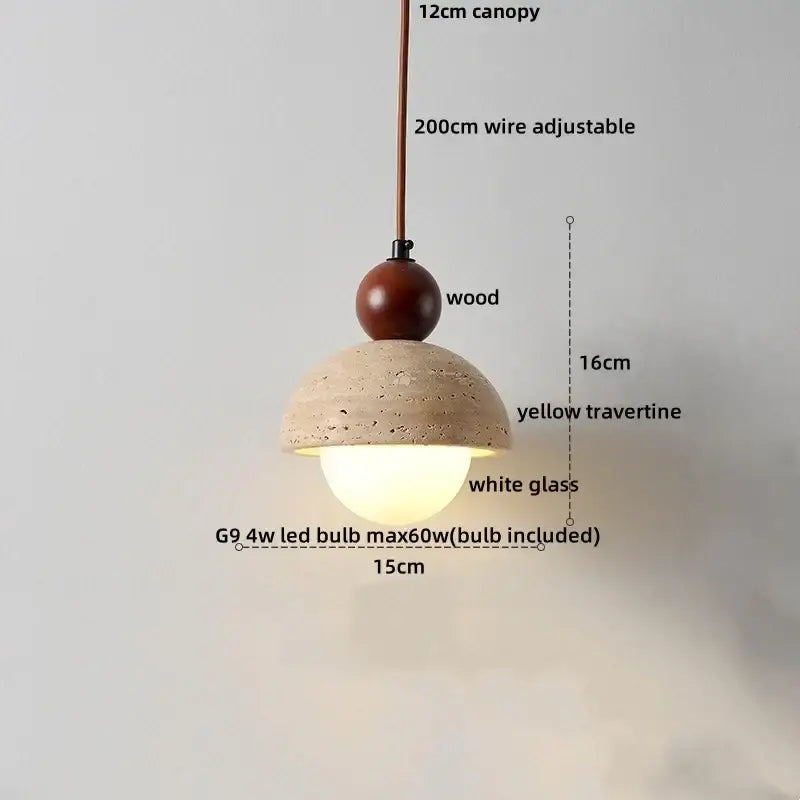Beige cave stone led pendant light with wood ring for living room