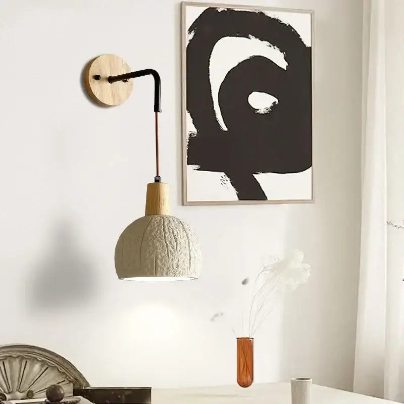 Beige cement shade wood wall sconce for bedroom decor