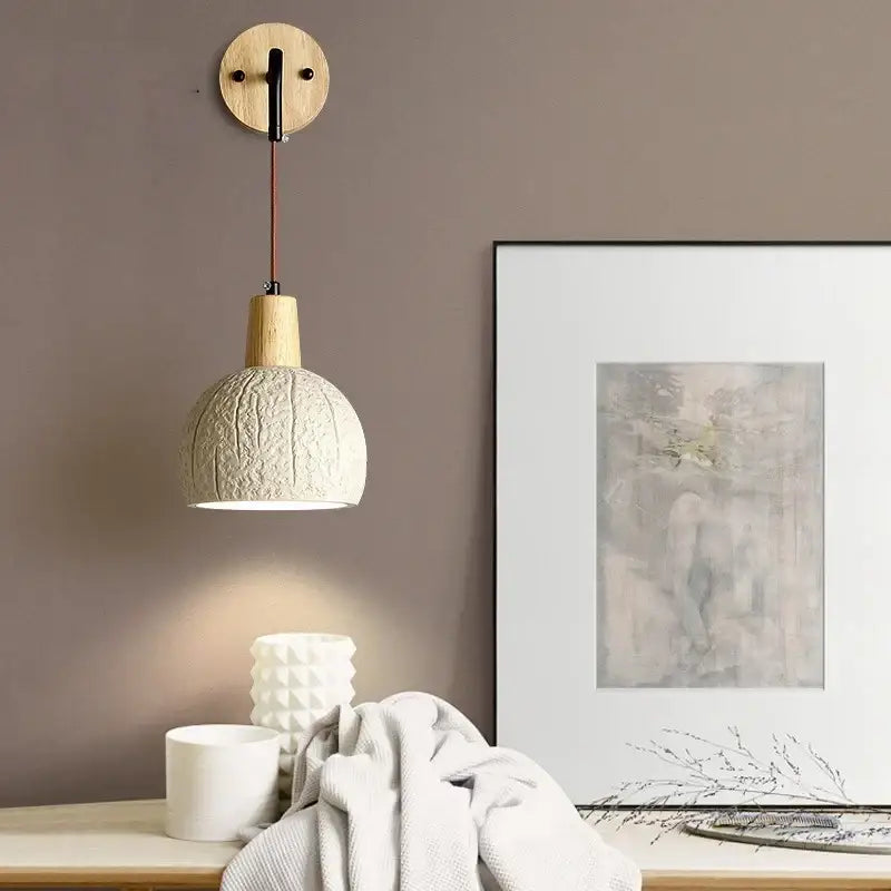 Beige cement shade wood wall sconce for bedroom decor