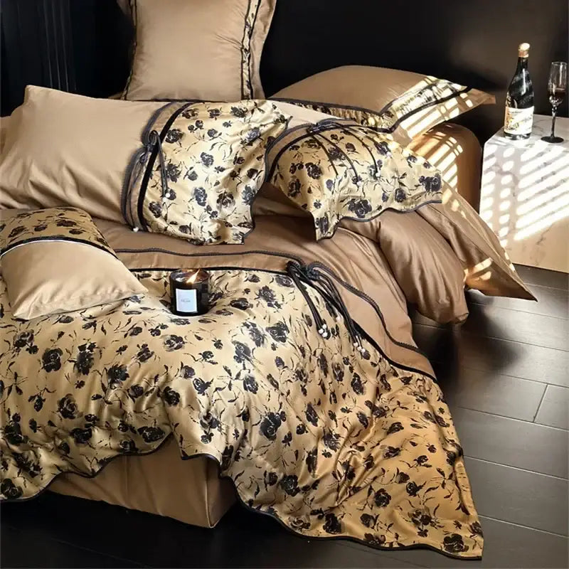 Beige floral satin cotton patchwork bedding set bedroom linens