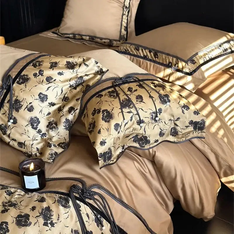 Beige floral satin cotton patchwork bedding set bedroom linens
