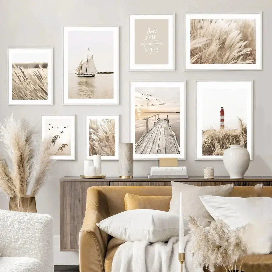Beige flower grass bird canvas print living room wall art