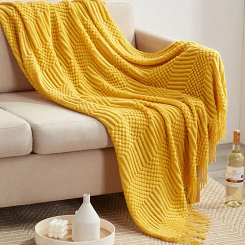 Beige geometric knitted tassel blanket bedroom throw decorbites 3d knitted