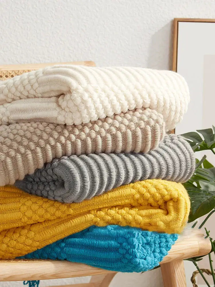 Beige geometric knitted tassel blanket bedroom throw decorbites 3d knitted