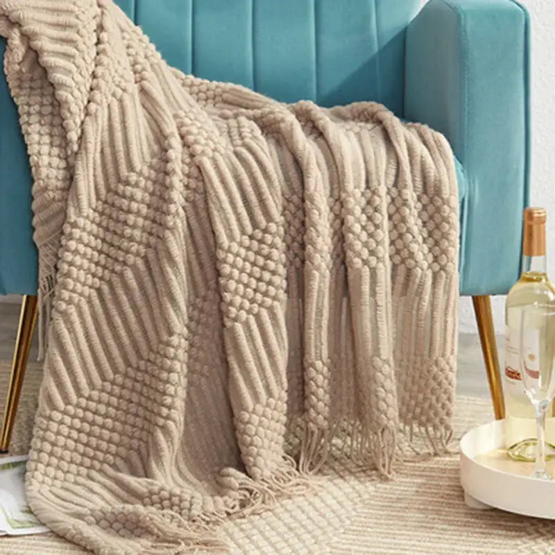 Beige geometric knitted tassel blanket bedroom throw decorbites 3d knitted