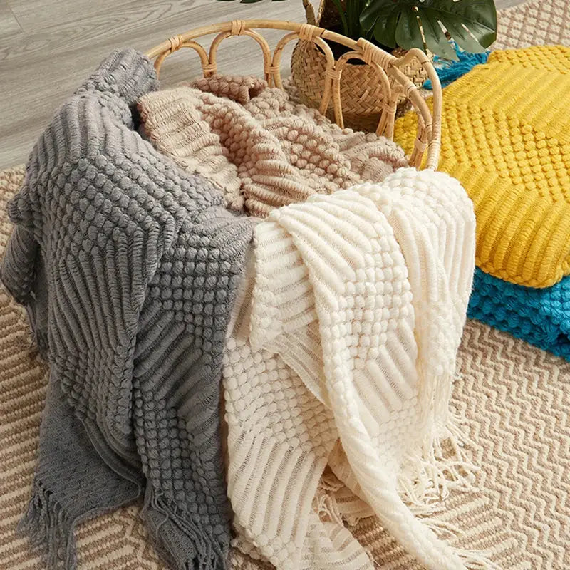 Beige geometric knitted tassel blanket bedroom throw decorbites 3d knitted
