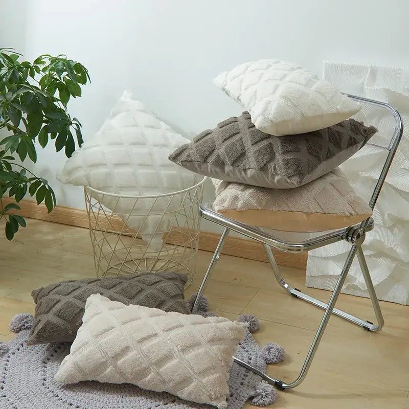 Beige & gray geometric diamond pattern cushion cover living room