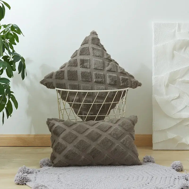 Beige & gray geometric diamond pattern cushion cover living room