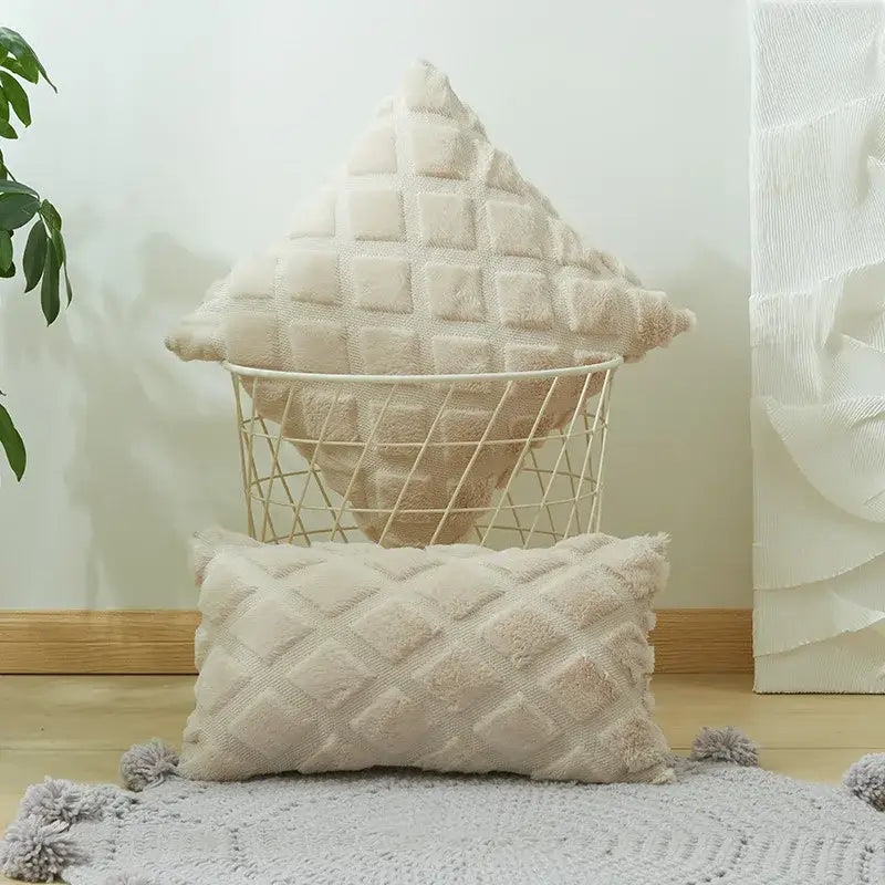 Beige & gray geometric diamond pattern cushion cover living room