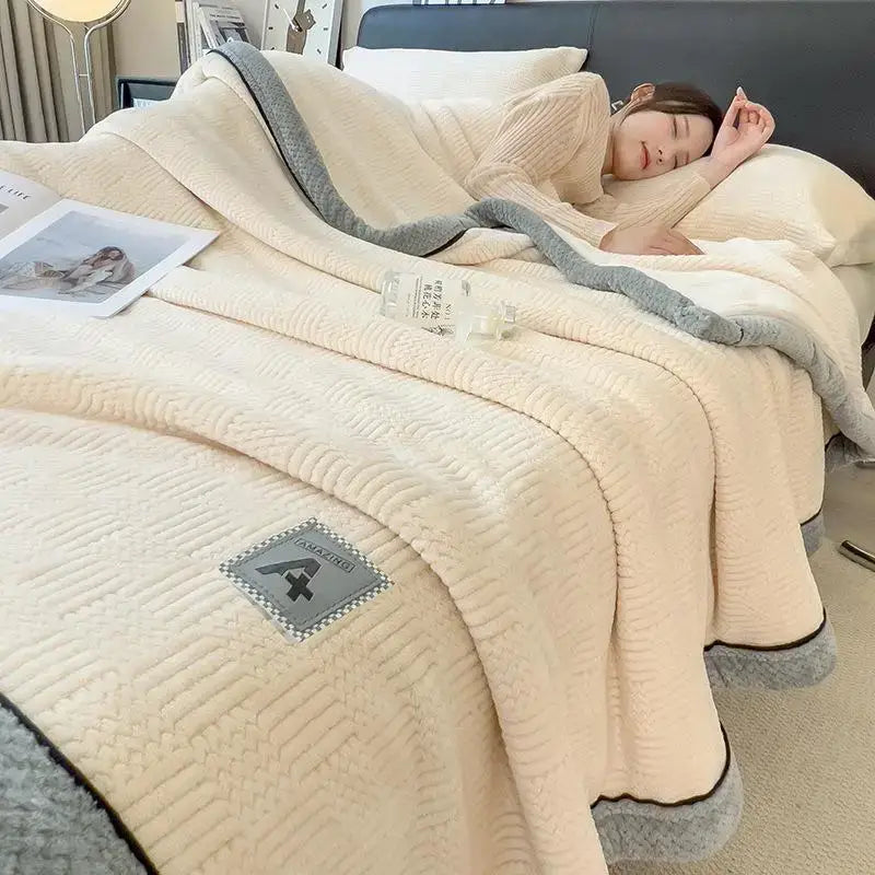 Beige & gray luxury velvet plush cotton blanket bedroom throw