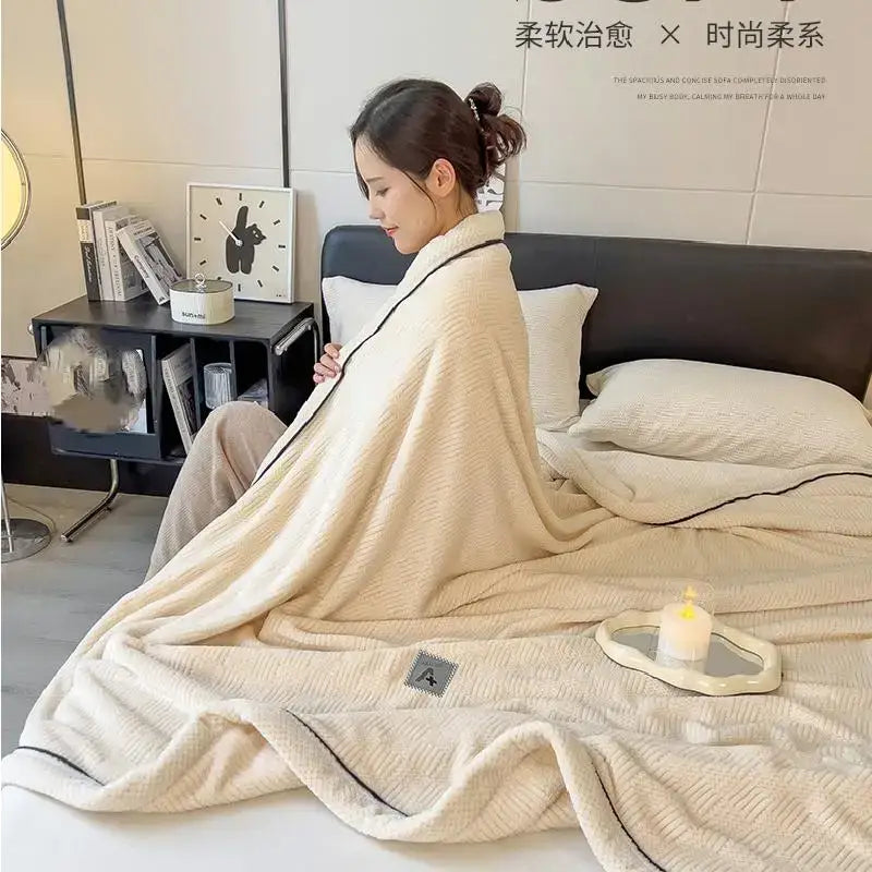 Beige & gray luxury velvet plush cotton blanket bedroom throw