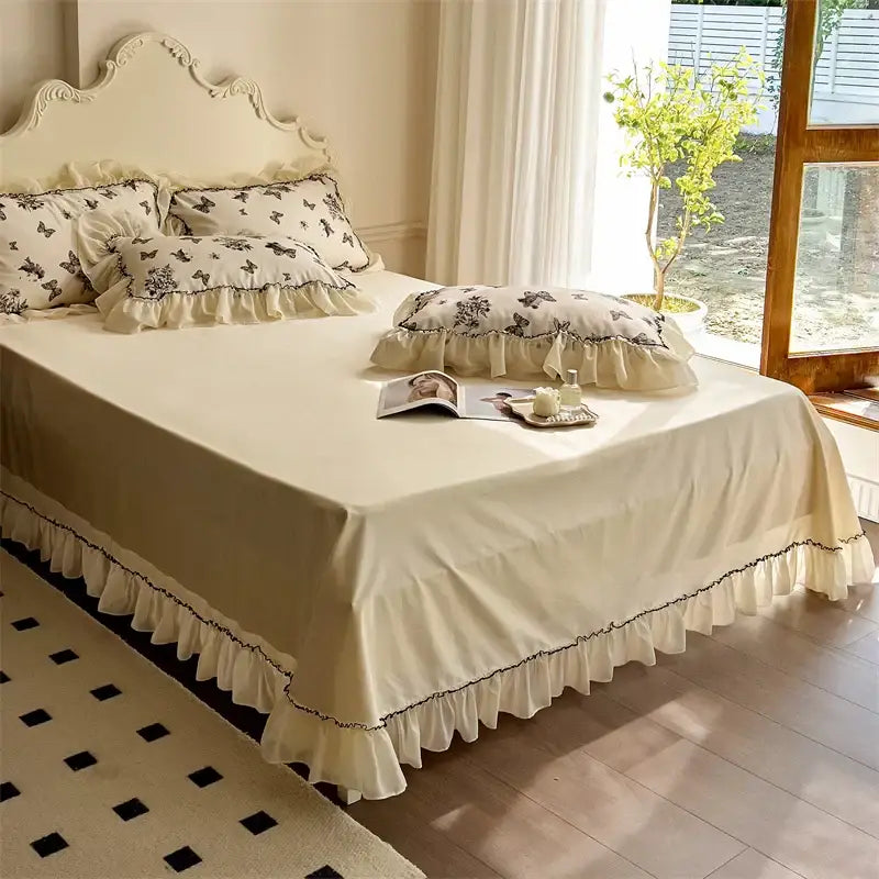 Beige lace ruffles butterfly print bedding set bedroom decor