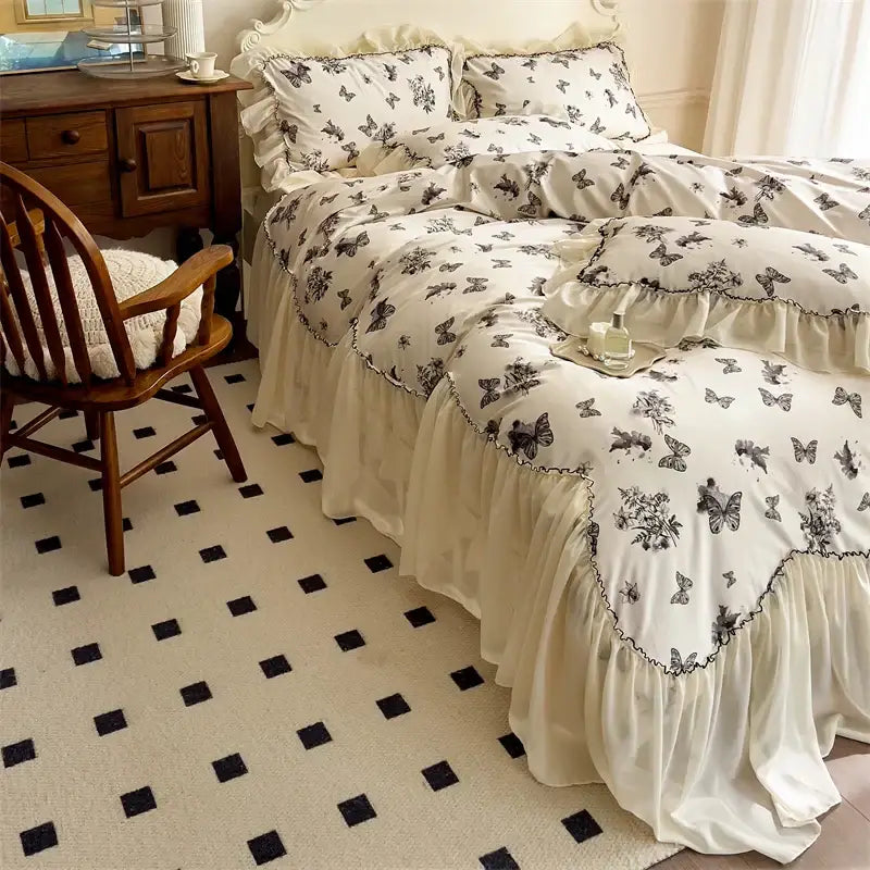 Beige lace ruffles butterfly print bedding set bedroom decor