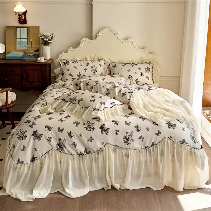 Beige lace ruffles butterfly print bedding set bedroom decor