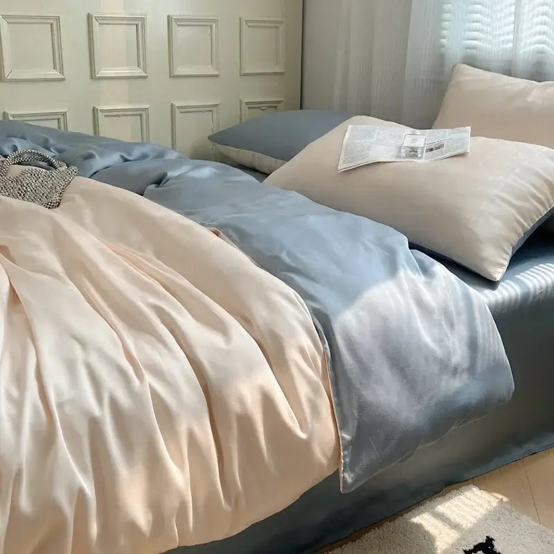 Beige & light blue ice silky solid bedding set bedroom duvet cover