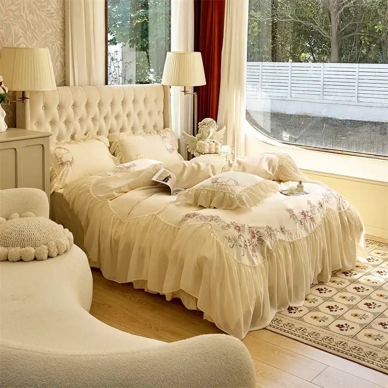 Beige pink lace embroidery bedding set – bedroom floral duvet cover