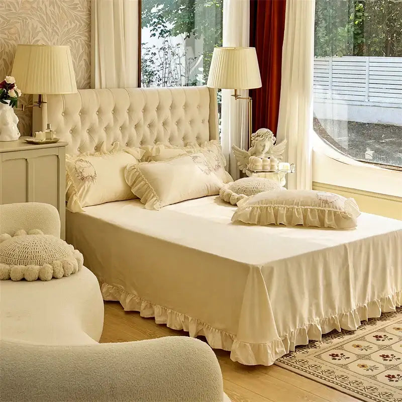 Beige pink lace embroidery bedding set – bedroom floral duvet cover