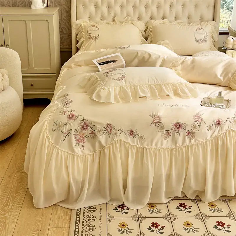 Beige pink lace embroidery bedding set – bedroom floral duvet cover