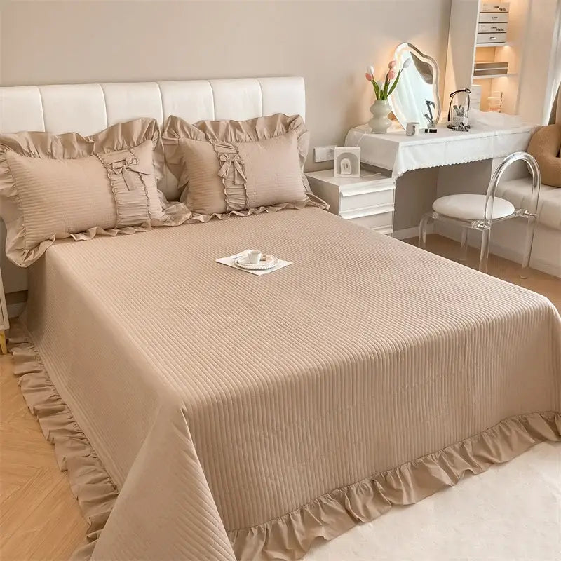 Beige ruffled cake layers cotton duvet set bedroom quilted bedding