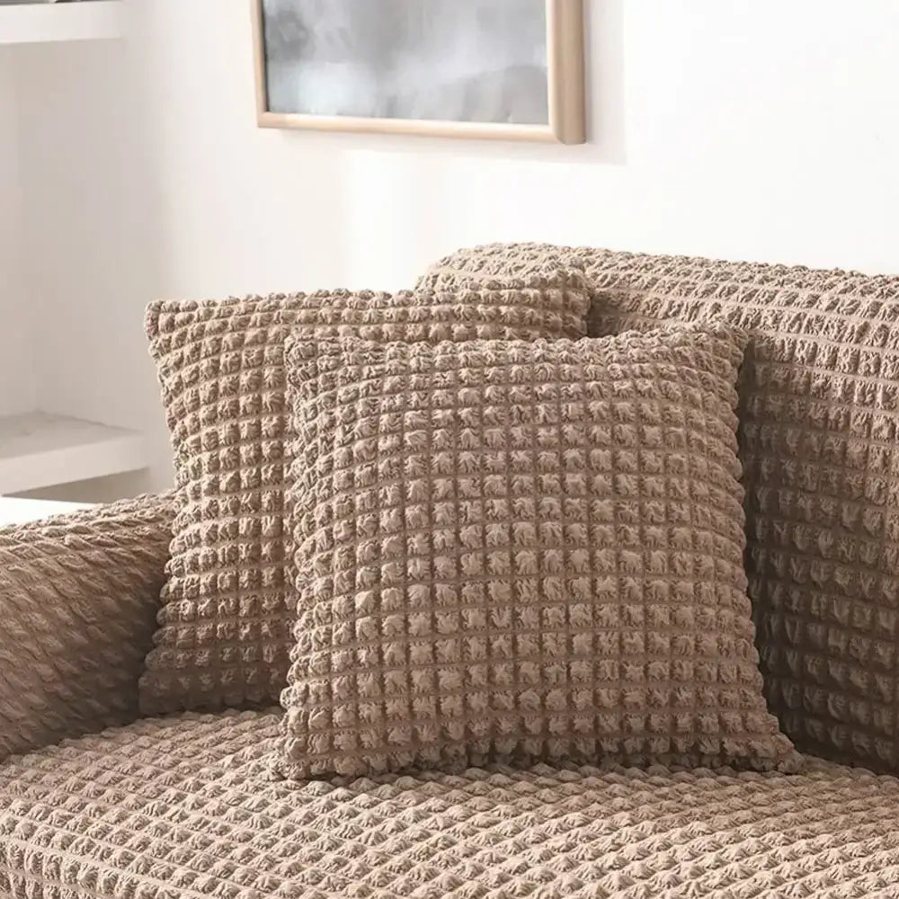 Beige waffle cozy sofa cover living room ruffled solid color slipcover