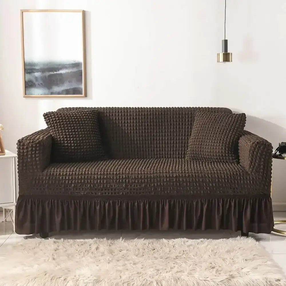 Beige waffle cozy sofa cover living room ruffled solid color slipcover