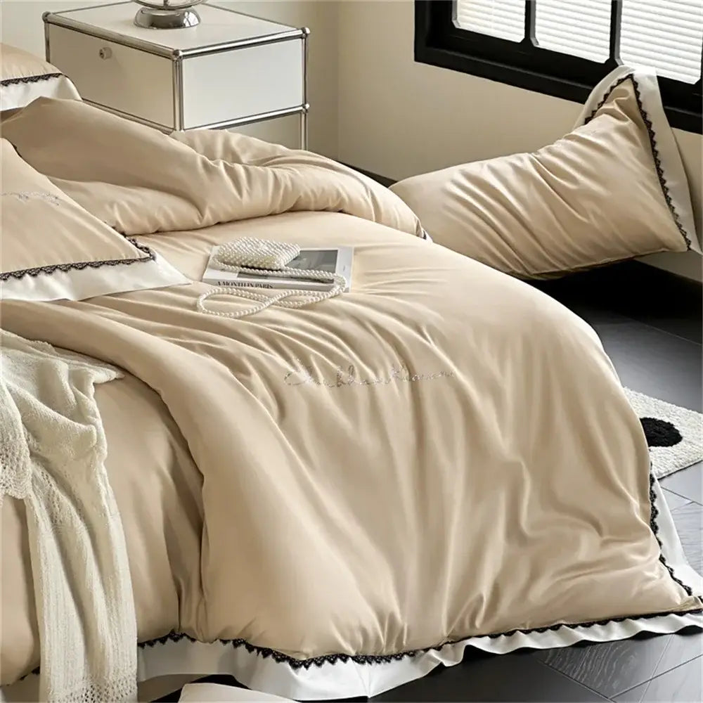 Beige & white hot diamond lace bedding set bedroom duvet cover