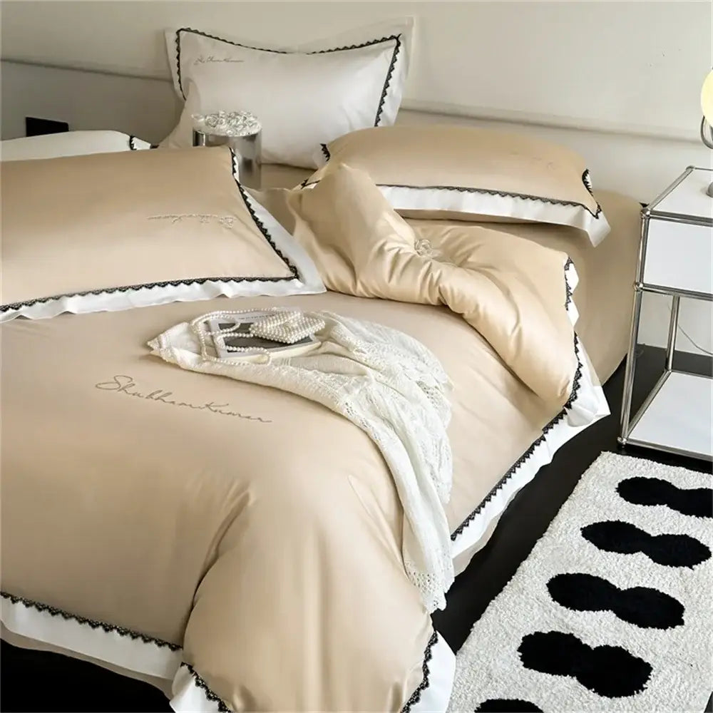 Beige & white hot diamond lace bedding set bedroom duvet cover