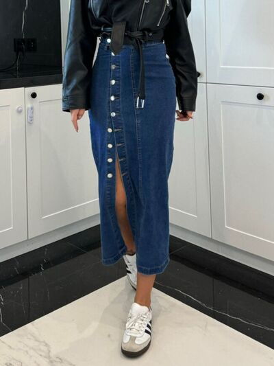 Women's Front Button Slit Maxi Denim Skirt