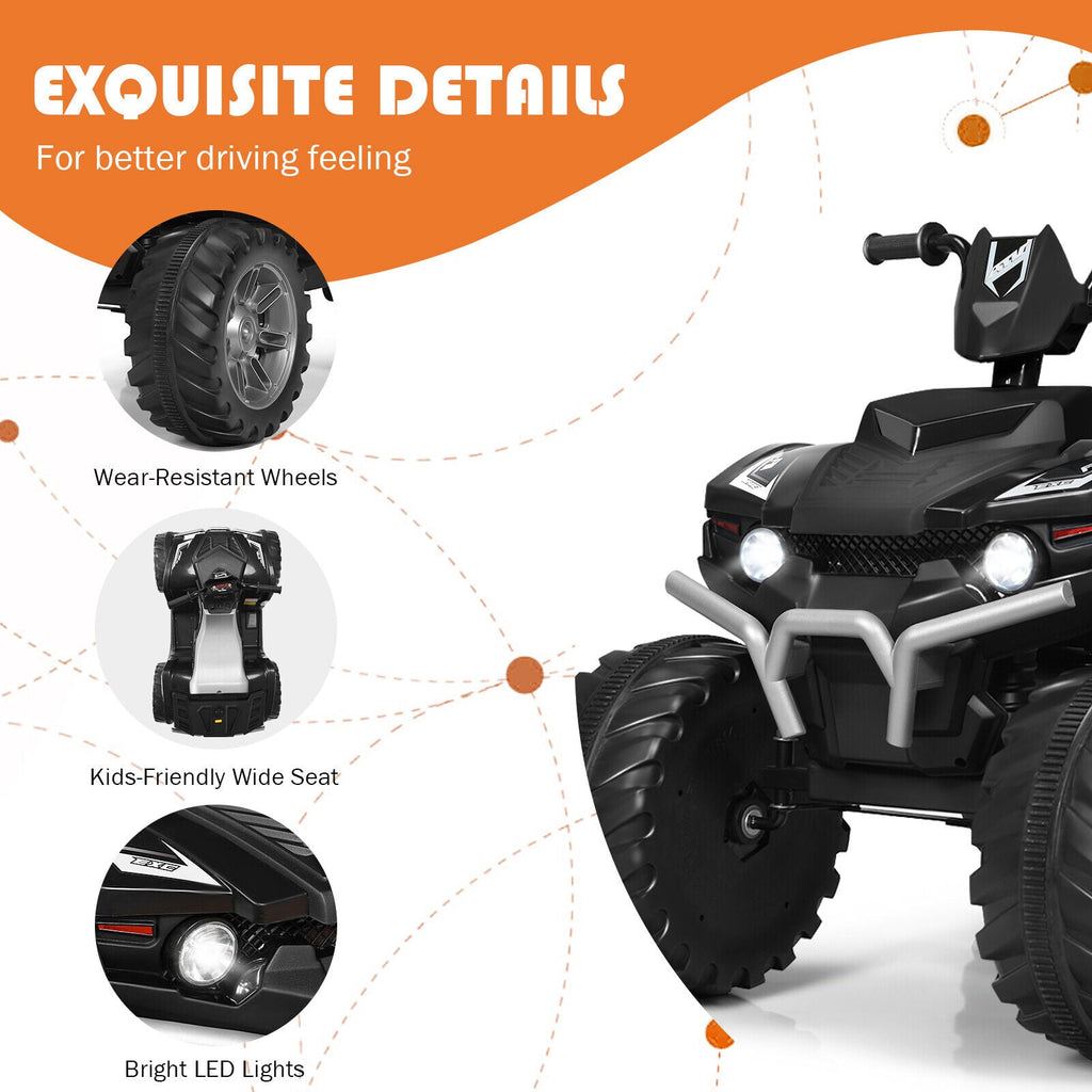 Black 12V Kids ATV Quad Ride On Car with LED Light and Music Toy