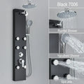 Black and chrome rainfall shower panel bathroom storage rack