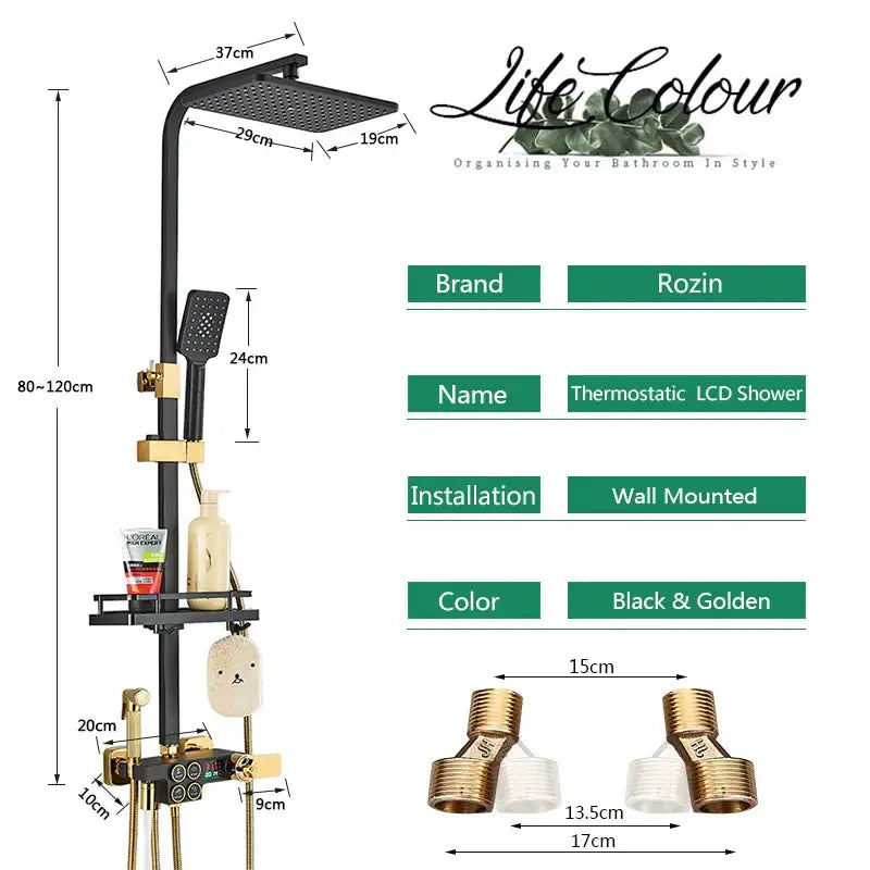 Black and gold decorbites brass lcd thermostatic shower set bathroom