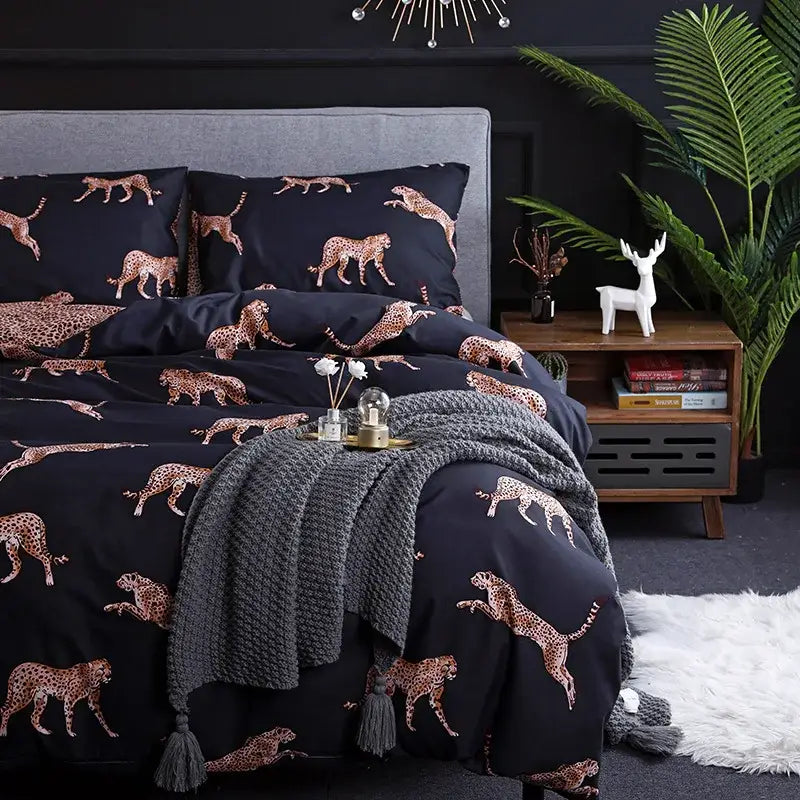 Black and rose gold leopard print duvet set bedroom bedding