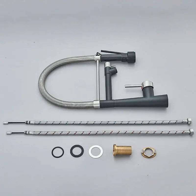 Black and stainless steel kitchen faucet with flexible spout