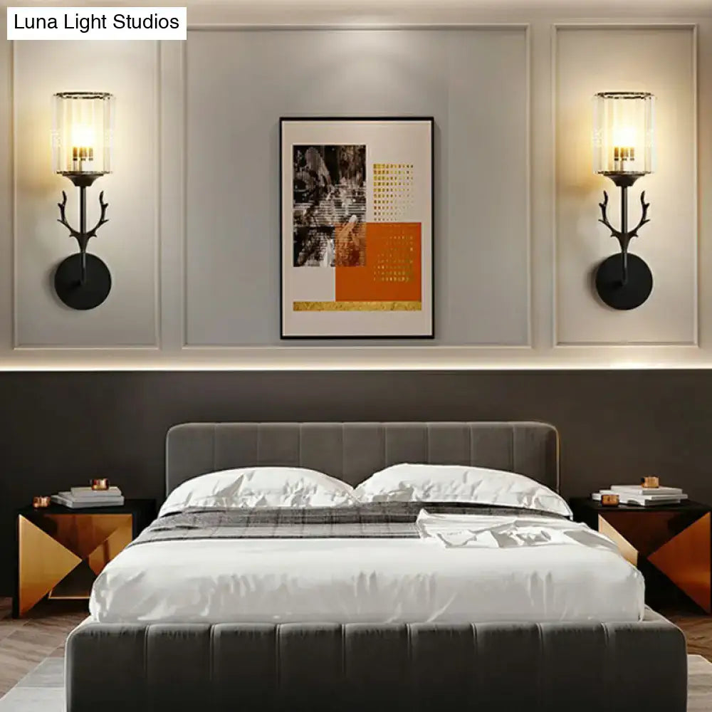 Black antler crystal wall sconce bedroom e26 e27 cylinder light