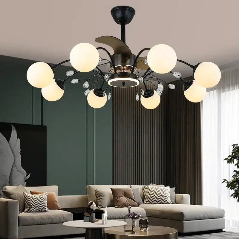 Black branch ceiling fan with globe lights and crystals bedroom