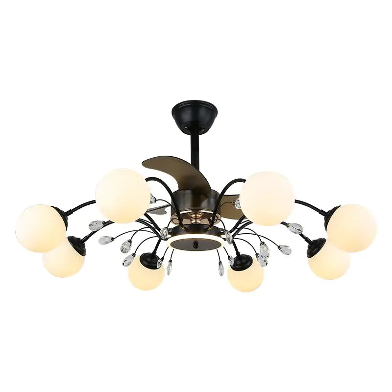 Black branch ceiling fan with globe lights and crystals bedroom